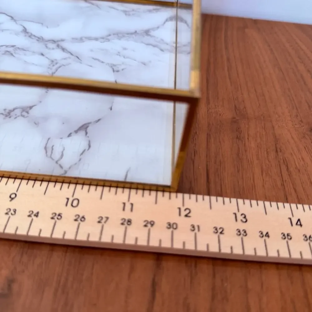 Glass Gold Display Box Lidded Faux Marble Chain Latch Trinket Jewelry 12 x 8